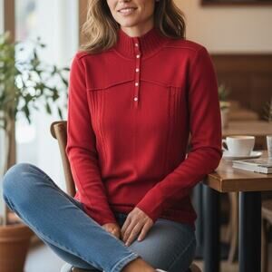 Nils Tunic Sweater Womens Medium Red Mock Neck Rhinstone Detail Knit Top Ski